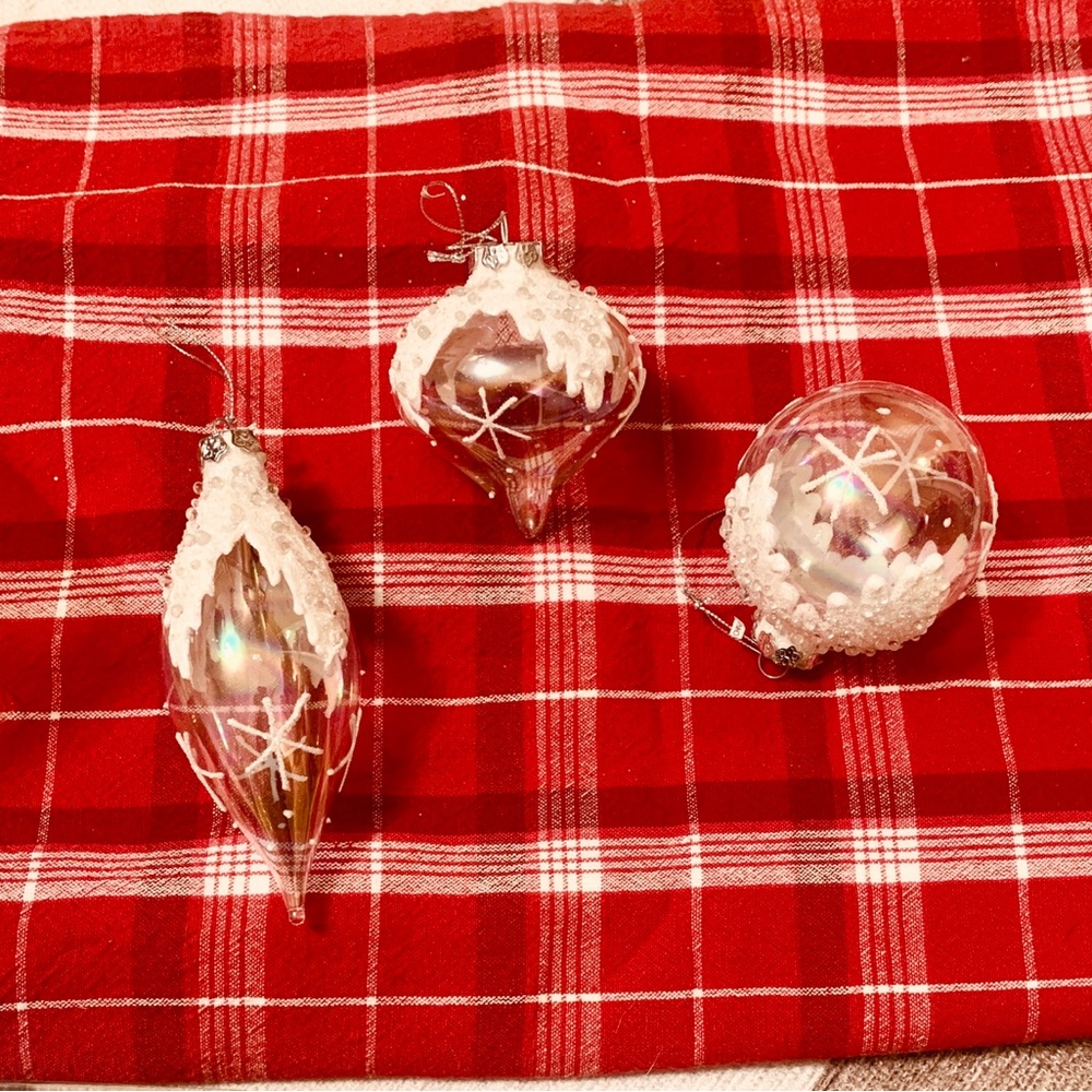 3 Piece Large VTG  Iridescent Glass Frosted Holiday Ornaments with White Accents